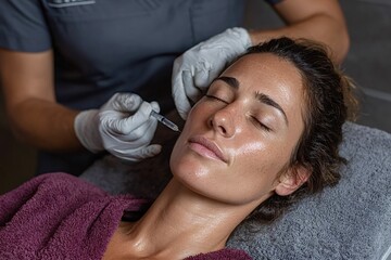 Beautician injecting filler into woman's face for facial rejuvenation