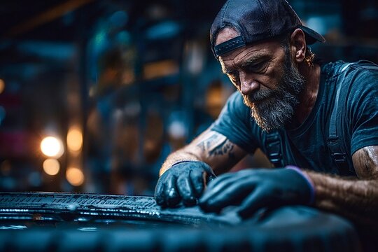 Senior mechanic inspecting a tire in a garage