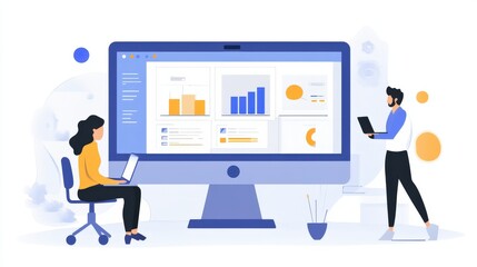 Two people reviewing data on a large computer screen.