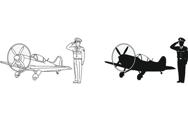 Vector illustration showing a pilot saluting next to an airplane in two versions