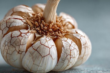 Dried Garlic Bulb Macro with Cracked Peels on Soft Blue Background.