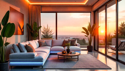 Fototapeta premium Designer Living Room with Contemporary Fireplace Style
