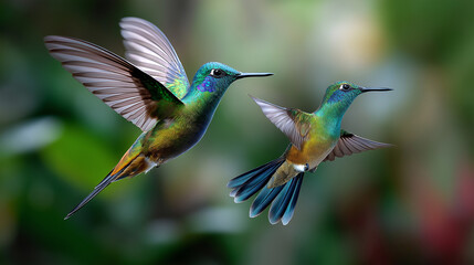 Fototapeta premium Iridescent Hummingbirds Soaring in Flight with Soft Light