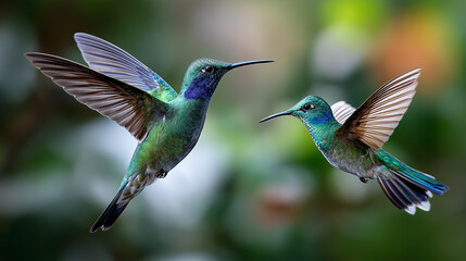 Fototapeta premium Iridescent hummingbirds in flight with soft lighting