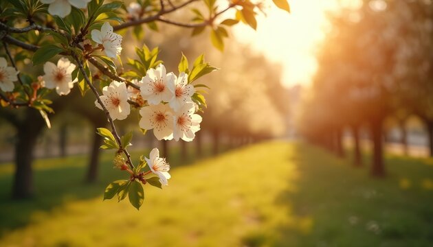Sunlit orange grove features delicate white neroli blossoms, green leaves gently swaying. Warm spring breeze enhances serene, peaceful atmosphere among fruit trees. Rich plants, bright sunlight - Powered by Adobe