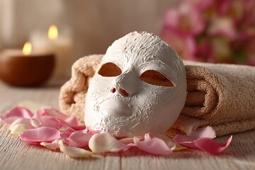 White Clay Face Mask with Towels, Candles and Rose Petals in Spa Setting.