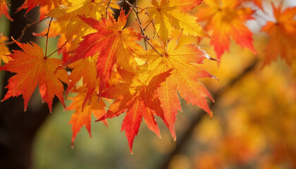 Yellow, red, orange beautiful maple leaves on tree branches 