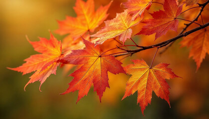Yellow, red, orange beautiful maple leaves on tree branches 
