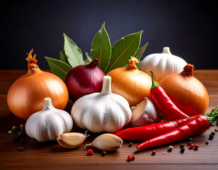 Culinary Still Life: Onions, Garlic, Peppers, and Bay Leaves on Dark Wood