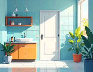 Serene Bathroom Interior with Plants, Sunlight, and Minimalist Design Elements