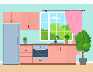 Cartoon Kitchen Interior with Pink Cabinets, Window View, and Potted Plants