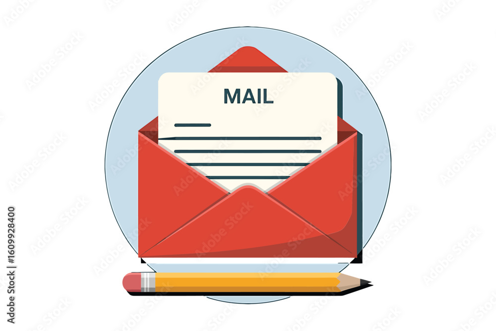 Poster professional communication concept with an open red envelope revealing a mail document and a yellow 