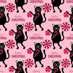 Cartoon funny cats seamless Christmas pattern for wrapping paper and kids clothes print and festive packaging