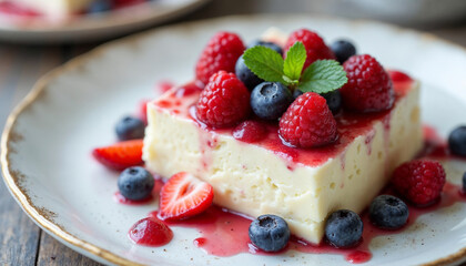 Sweet cream tea dessert with berries, mint leaves on a plate