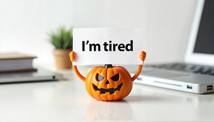 Tiny pumpkin holding "I’m tired" sign on office desk, Halloween humor