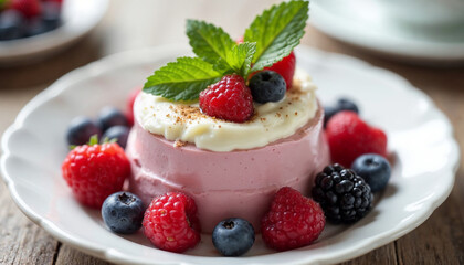 Sweet cream tea dessert with berries, mint leaves on a plate