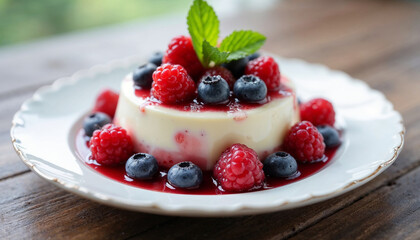 Sweet cream tea dessert with berries, mint leaves on a plate