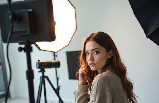Young Asian model poses in bright studio with pro photography equipment. Soft lighting illuminates features as looks towards camera, creating captivating portrait. Scene captures of modern photo
