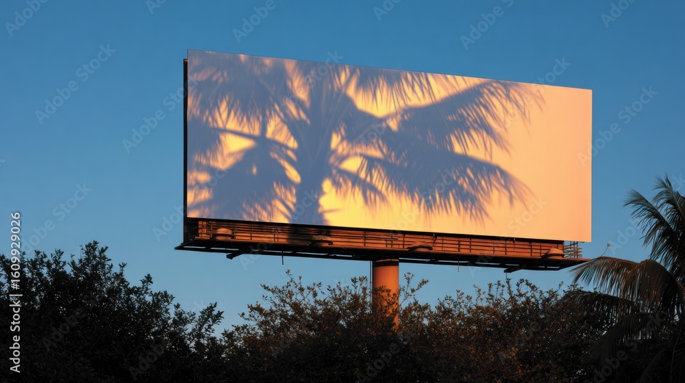 Poster sunset view of beach billboard casting palm shadows with blank lower area inviting creativity