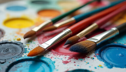 Artistic brushes lie on a palette with oil colored paints 