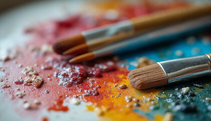 Artistic brushes lie on a palette with oil colored paints 