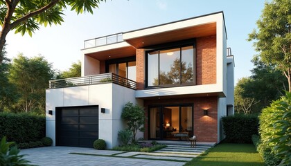 Modern East-facing Indian house elevation features brick accents, large windows, wood detailing. Spacious driveway leads to garage. Greenery, landscaping surround contemporary residential structure,