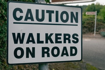 Caution sign alerts drivers to presence of walkers on winding country road near recreational area during daylight hours
