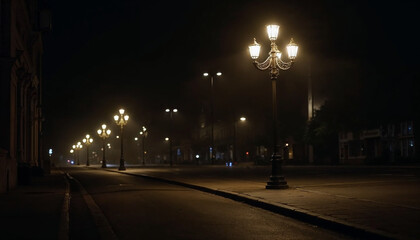 Cast-iron street lights illuminate the city's night street 