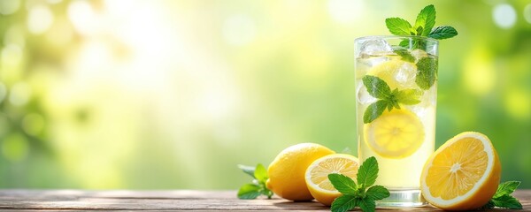 Glass of fresh lemonade with mint and ice. Whole and sliced lemons with mint sprigs on wooden table. Blurred green background with sunlight, bright summer refreshment, copy space.