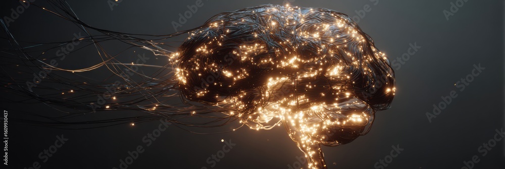 Poster intricate brain structure formed from tangled wires and glowing leds set in a dark environment with 