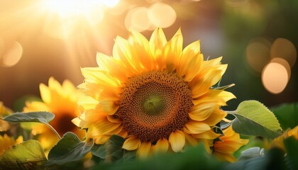 Fototapeta premium close up of vibrant sunflower wreath with golden petals morning light through green leaves warm bokeh and citrus hints serene summer solstice atmosphere
