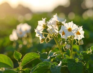 White potato flowers in a field at sunset