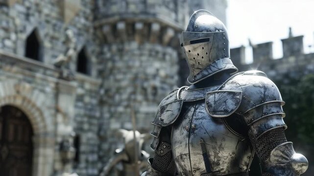Person in full medieval knight armor stands front of ancient stone castle, evoking sense historical warfare
