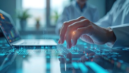 Business, healthcare analytics integrate financial trading concepts with modern workspace technology. Data visualization shows stock market trends, investments, innovation. Focus on productivity,