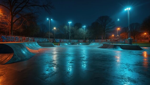 Nighttime view of deserted skate park illuminated by glowing street lights, vibrant graffiti murals. Wet concrete surface reflects neon blue, orange light creating moody atmosphere, urban youth