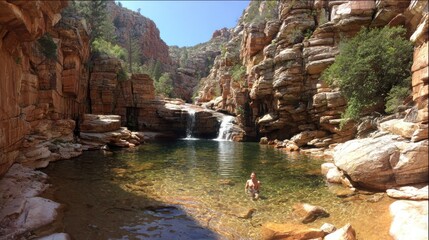 Sunny rocky pool, person in water