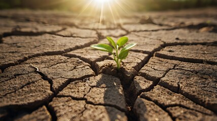 Green Sprout Growing in Cracked Dry Soil – Symbol of Hope and Resilience