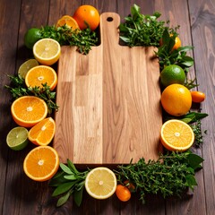 Fresh citrus fruits arranged around a wooden cutting board