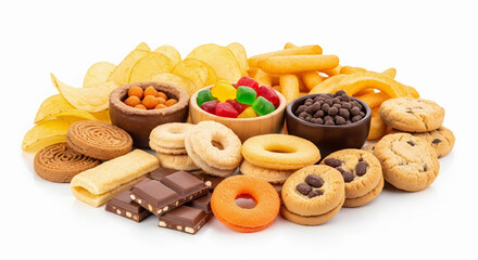 Large Collection of Food and Drinks on a White Background
