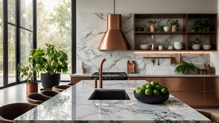 Modern Luxury Kitchen Interior with Marble Counter and Green Accents