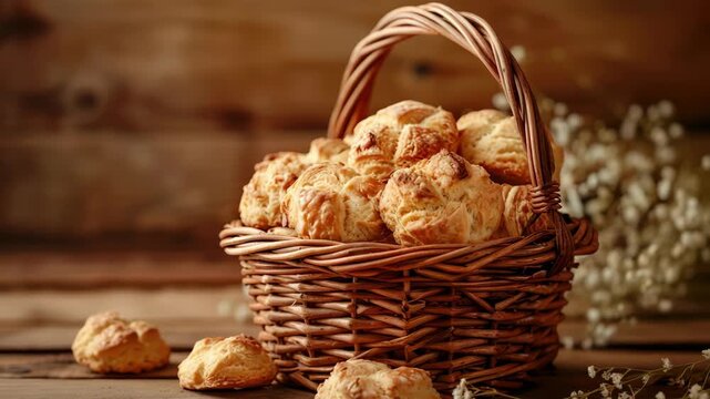Wicker basket filled with freshly baked, golden-brown cheese buns on wooden table