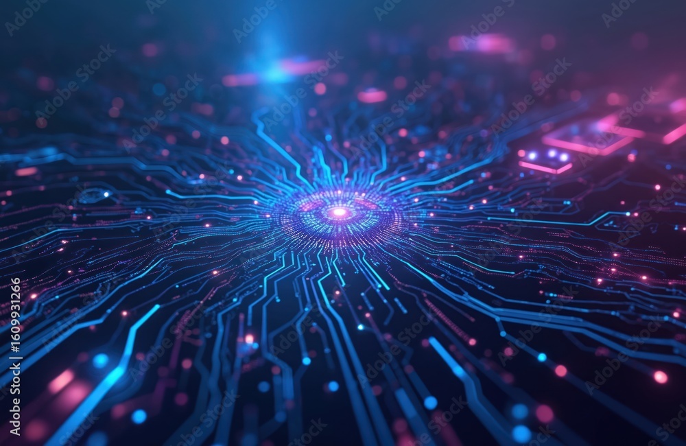 Poster abstract futuristic tech background featuring glowing blue, purple digital circuit patterns. dynamic