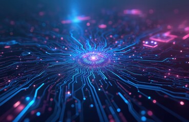 Abstract futuristic tech background featuring glowing blue, purple digital circuit patterns. Dynamic energy visuals, cybernetic elements create high-tech, modern design with intricate connections,