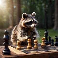 Cute Raccoon Playing Chess Outdoors