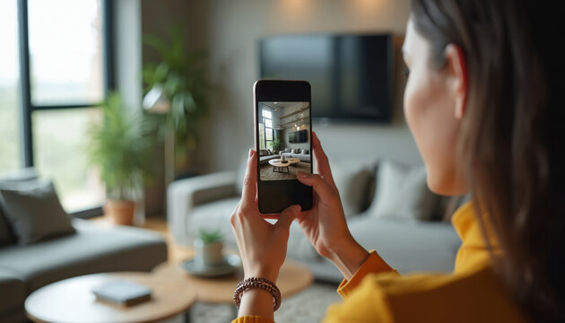 Woman uses smartphone to photograph modern living room interior. Capturing stylish home decor, including sofa, coffee table, large TV. Concept for smart home technology, interior design apps, digital