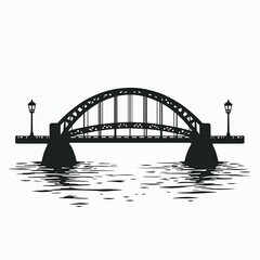 Obraz premium Black, white illustration of arched bridge with streetlights spanning over water. Features minimalist, geometric design with clean lines. Silhouette conveys connection, urban landscape, ideal for
