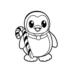 An adorable cartoon penguin holding a striped candy cane, perfect for coloring.