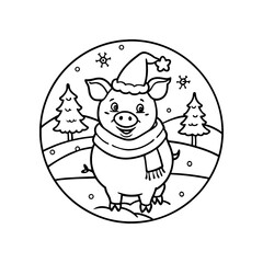 A cheerful cartoon pig wearing a Santa hat and scarf stands in a snowy winter landscape with fir trees and falling snowflakes, depicted in a black and white outline drawing.