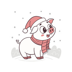 A charming cartoon pig illustration wearing a pink Santa hat and striped scarf, standing happily in falling snow.
