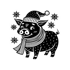 A cheerful pig wearing a festive Santa hat and striped scarf amidst falling snowflakes, depicted in a black and white illustration.